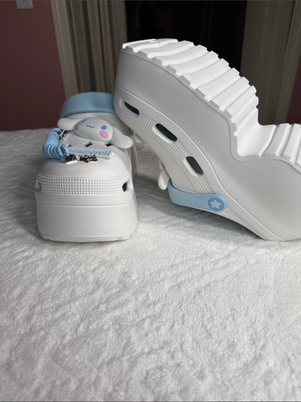 Sanrio White and Baby Blue Platform Clog Sandals with Character Charm